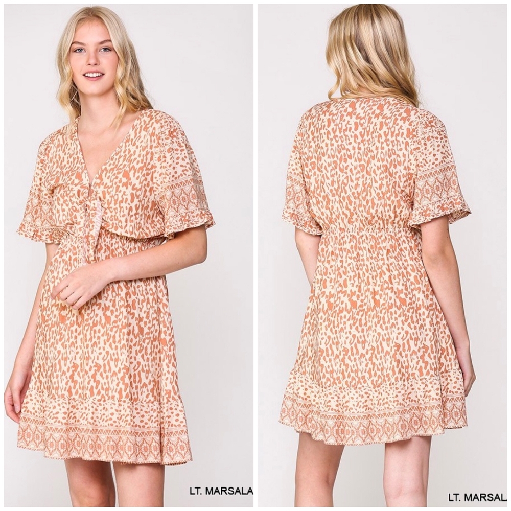 LAST ONE❗️GIGIO Boho Chic Marsala Leopard Print Short Dress